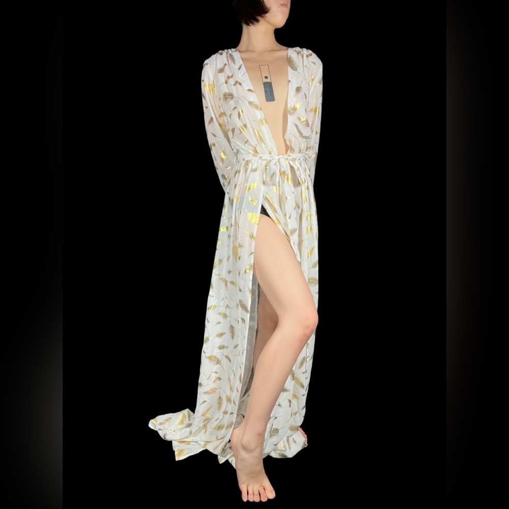 Gold Feather Print V Neck Dress